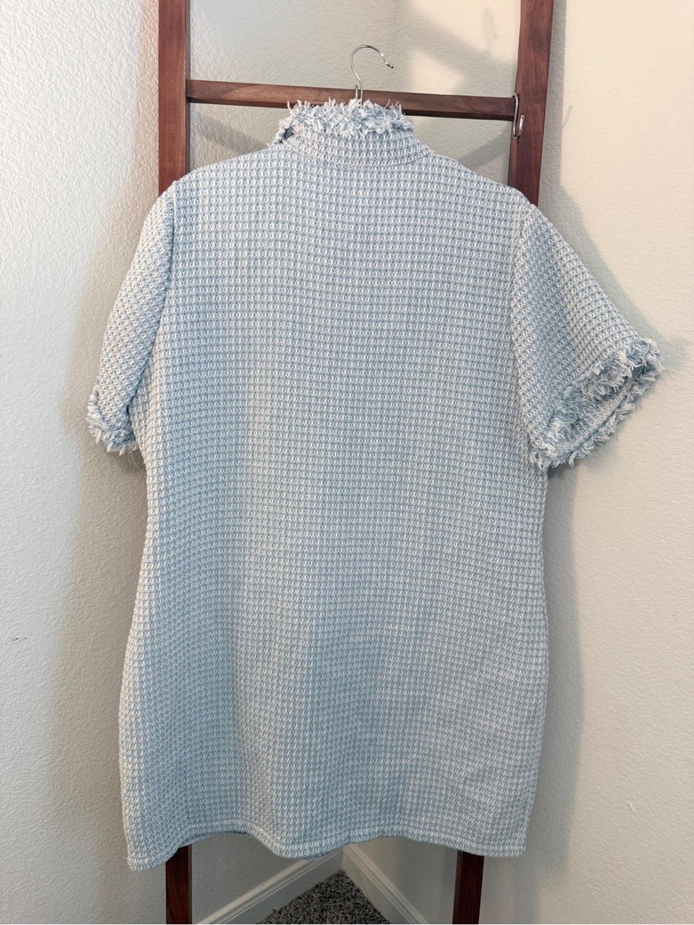 Light Blue Textured Mini Dress with Frayed Trim - Picture 3 of 7
